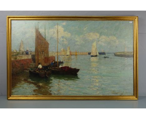 WILLIAMS, JOHN TERRICK (Liverpool 1860-1936 Plymouth), Gemälde: "Fischer und Boote im Hafen", Öl auf Leinwand, u. r. signiert