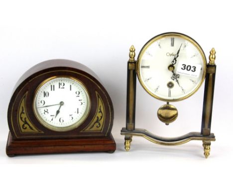 A brass inlaid mahogany veneered mantle clock and a gilt brass mantle clock, tallest H. 20cm.