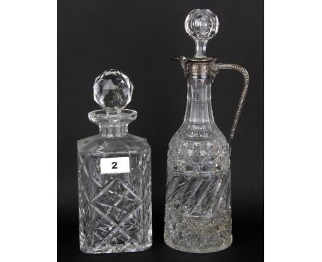 A silver plate mounted Edwardian cut crystal claret jug and a cut glass decanter, claret jug H. 32cm.