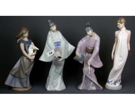 Two Nao figurines of Japanese dancers and two further figurines, one A/F, H. 30cm.