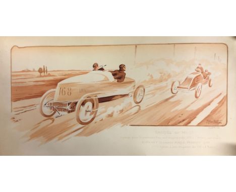 Ernest Montaut (French 1878–1909). Two unframed pochoir lithograph prints dated 1903 and 1913 of motor racing, size 90 x 45cm