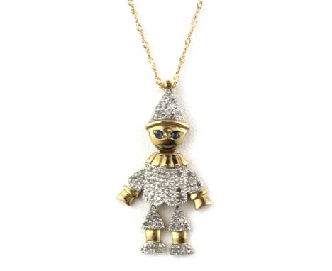 A 9ct yellow and white gold (Stamped 375) articulated pendant and chain set with diamonds and sapphires, L. 3.5cm.