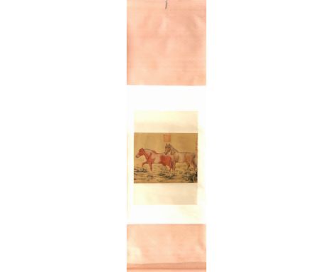 A Chinese silk mounted hand painted scroll of horses, W. 61cm L. 181cm.