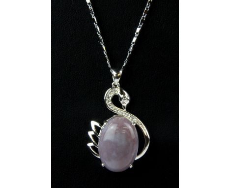 A cabochon cut lavender jade pendant mounted in 18ct white gold plate and on an 18ct white gold plate chain, pendant L. 4cm.