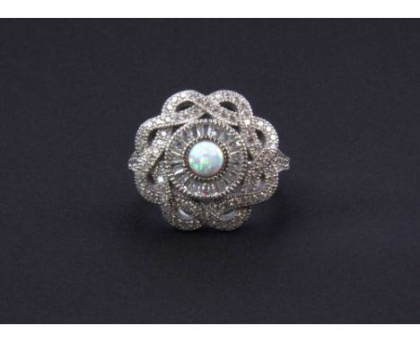 A pretty 925 silver faux opal and stone set ring, ring size - T.