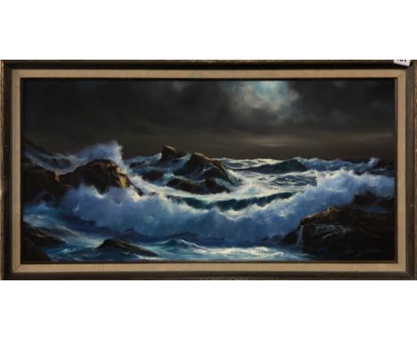 Peter Cosslett. A framed oil on canvas seascape, frame size 99 x 54cm.
