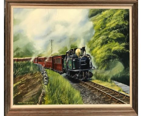 A Philip Marchington (British) framed oil on canvas of a steam engine, size 100x71 cm.