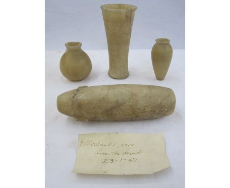 Four ancient Egyptian alabaster vessels with note '4 alabaster jars from the desert 23-1-47' (4) These items are from the col