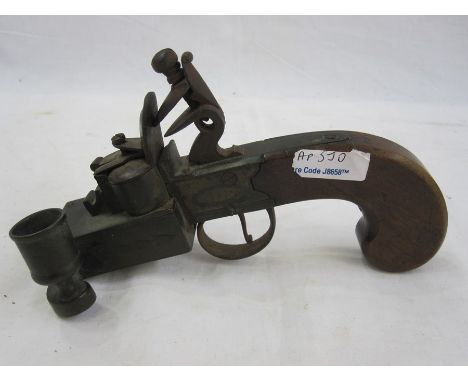 19th century flintlock table lighter with engraved brass mounts and mahogany scroll handleCondition ReportPlease see addition