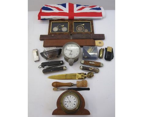 Quantity of assorted penknives, cut throat razors, lighters, envelope openers, a tea towel, John Lilley & Sons London mantel 
