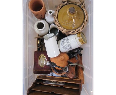 Stoneware flagon, a jewellery box, a stamp block of wheatsheafs, a shoe horn turned table lamp, various other ceramics, jelly