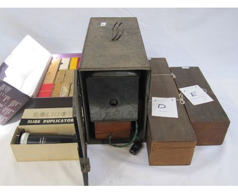 Slide projector (boxed), a Solignor slide duplicator (boxed), various lantern slides to include discovery of the new world, N