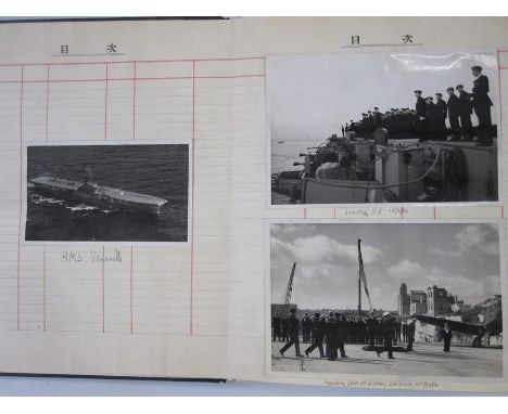 Post WWII photograph album with photographs of the Aircraft carriers HMS Vulnerable and HMS Indomitable, deck plane crashes, 