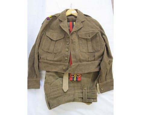 Officer's 1949 patent battle dress uniform with belt, two caps, two berets, leather sword cover and scabbard (no sword)