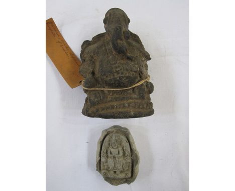 Indian stone carving Ganesh Hindu elephant god, 10cm high and an another small stone carving of Hindu god, 6.5cm (2) These it