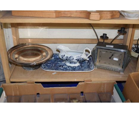 Mixed Lot: Art Deco style metal cased mantel clock, blue and white EPNS etc