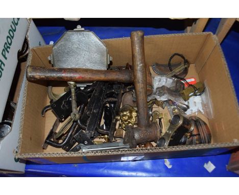 Box of assorted metal wares to include hand tools and other items