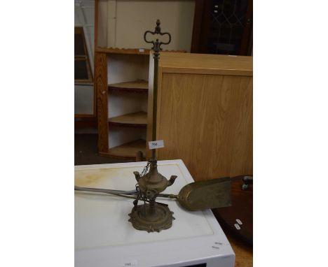 Three branch ceiling light, no shades, together with an ash shovel