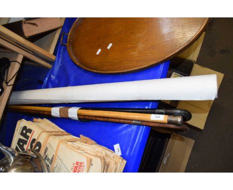 Quantity of walking sticks, two silver decorated walking sticks, another similar and a parasol together with  quantity of arc