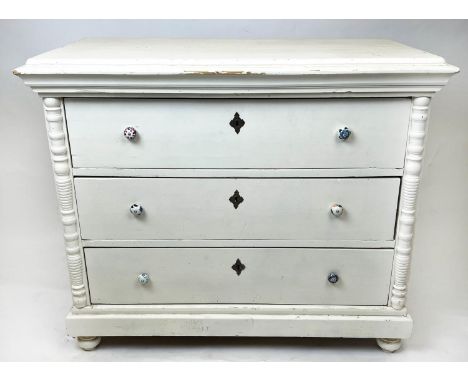 COMMODE, 19th century central European, painted with three long drawers and ceramic handles, 105cm H x 121cm W x 61cm. 
