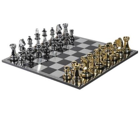 CHESS SET, with overized gilt and silvered pieces, 60cm x 60cm. 