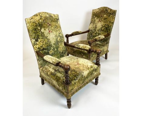 ARMCHAIRS, a pair, French bobbin turned beech framed upholstered, stamped to base 'Atelier du fauteuil Bordeaux', 99cm H x 62