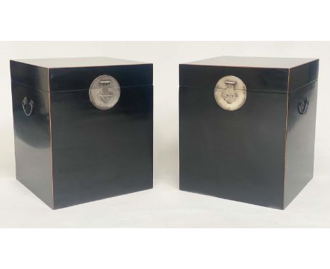 TRUNK LAMP TABLES, a pair, Chinese black lacquered and silvered metal mounted, 50cm x 50cm x 60cm H. (2) 