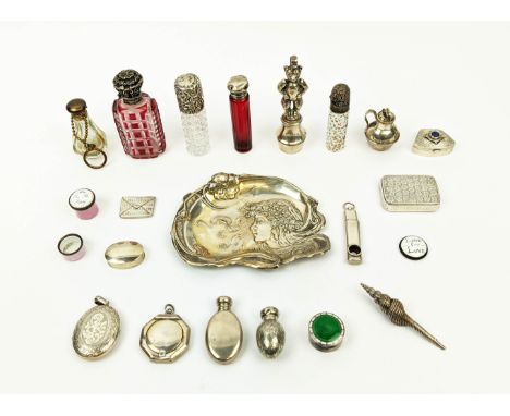 COLLECTION OF SILVERWARE, including an Edwardian Art Nouveau silver embossed card tray, baby's rattle, scent bottles, pill bo