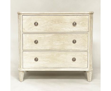 COMMODE, Gustavian style grey painted with three long drawers, canted angles and square section supports, 90cm W x 45cm D x 8