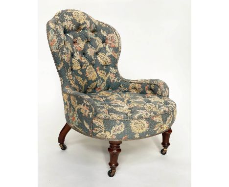 ARMCHAIR, Victorian walnut with blue tapestry type upholstery with button seat and back and turned supports, 66cm W. 