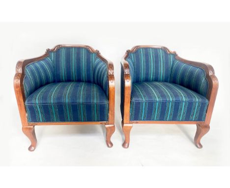ART DECO ARMCHAIRS, a pair walnut with blue tapestry stripe upholstery and carved frames, 66cm W. (2) 