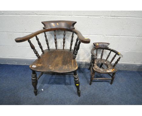 A VICTORIAN STAINED OAK SMOKERS CHAIR, and a child's commode smokers chair (condition:-missing seat lid) (2)