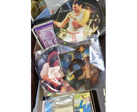 TWO BOXES OF RECORDS, EPHEMERA AND A RIBBON MICROPHONE, records to include three picture disks, two Queen interview limited e