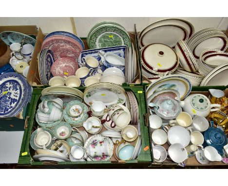 FIVE BOXES AND LOOSE TEA AND DINNER WARES ETC, to include Royal Albert flower of the month cups and saucers 'Cosmos' and 'Chr