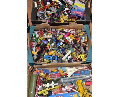 THREE BOXES OF PLAYWORN DIECAST VEHICLES ETC, to include a quantity of Matchbox cars, trucks and vans etc Dinky Supertoys Ele