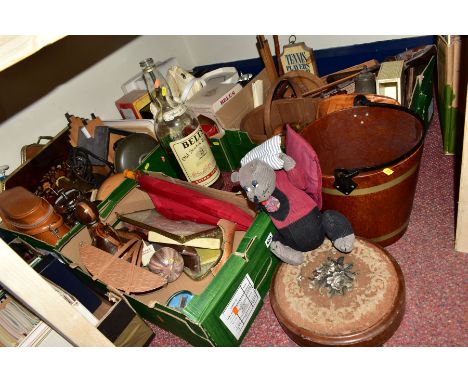 FOUR BOXES AND LOOSE TREEN, METALWARES AND SUNDRY ITEMS, to include a Victorian walnut veneer footstool with inlaid banding a