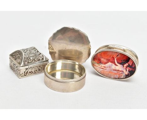 TWO SILVER BOXES AND A WHITE METAL BOX WITH PORTRAIT, one silver box with a removeable lid and scalloped edges, hallmarked si