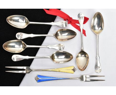 A SET OF SIX TEASPOONS AND TWO ENAMELLED FORKS, Hanoverian style teaspoons with engraved initials to the terminals, worn gilt
