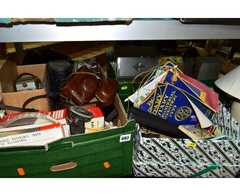 THREE BOXES AND LOOSE CAMERAS, COLLECTABLES, ROTARY CLUB EPHEMERA, ETC, including a Rotary club banner, a pair of cased Hanim