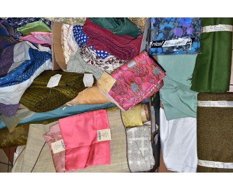 THREE BOXES OF VINTAGE FABRIC OFF CUTS ETC, to include Liberty of London silk fabric from Italy, Coronet Fabrics bolts of woo