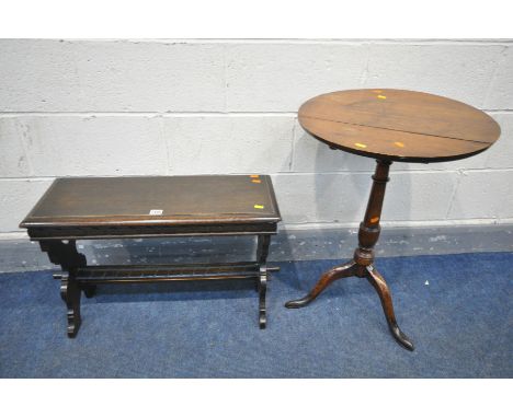 AN EARLY 20TH CENTURY CARVED OAK TRESTLE STOOL, length 70cm along with a Georgian oak tripod table (2) (condition:-crack to t