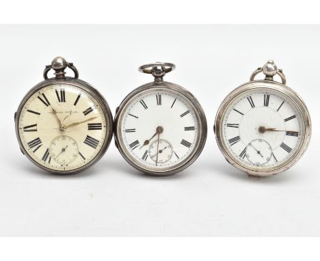 THREE SILVER OPENFACE POCKET WATCHES, the first with a round cream dial signed 'Improved Patent', Roman numerals, seconds sub