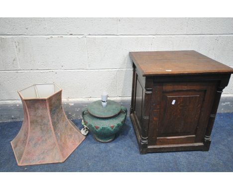 AN OAK STORAGE BOX, constructed with older timbers, with fielded panels, 46cm squared x height 52cm and a ceramic table lamp 