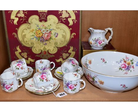 ROYAL CROWN DERBY DERBY POSIES, comprising a boxed set of six cups and saucers, green backstamps, a boxed jug, red backstamp,