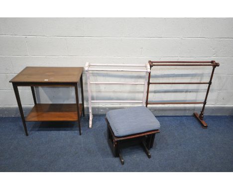 AN EDWARDIAN MAHOGANY AND INLAID OCCASIONAL TABLE, on square tapering legs united by an undershelf, width 69cm x depth 45cm x