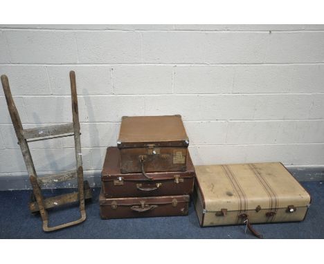 FOUR VINTAGE SUITCASES, to include stripped suitcase, along with tin trunk and a vintage wooden sack truck (5)