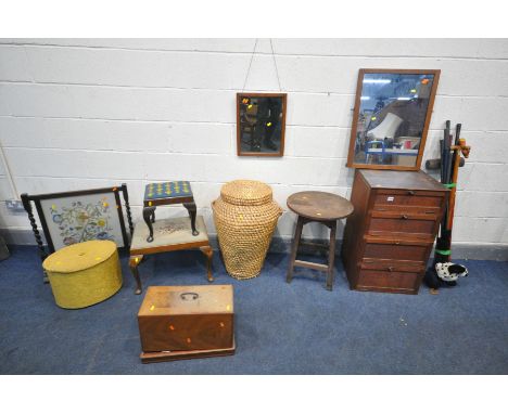 A SELECTION OF OCCASIONAL FURNITURE, to include a wicket Alibaba linen basket, two needle work stools on padded feet, vintage