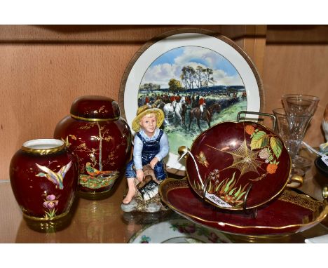 THREE PIECES OF CARLTON WARE ROUGE ROYALE, A SIMILAR CROWN DEVON GINGER JAR AND COVER, ETC, comprising a Royal Doulton figure