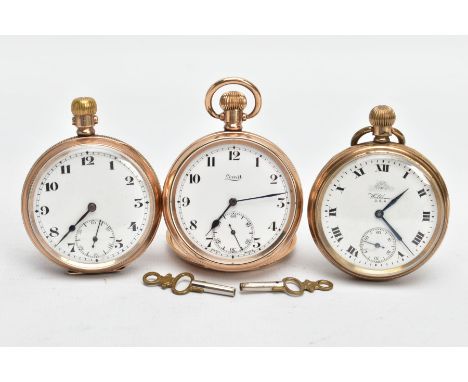 THREE GOLD-PLATED OPEN FACE POCKET WATCHES, one signed 'Waltham' one signed 'Limit', within plain polished cases, one unsigne