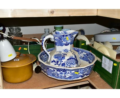 THREE BOXES AND LOOSE CERAMICS, GLASSWARES AND SUNDRY ITEMS, to include a Mason's blue and white wash jug (sd) and bowl decor